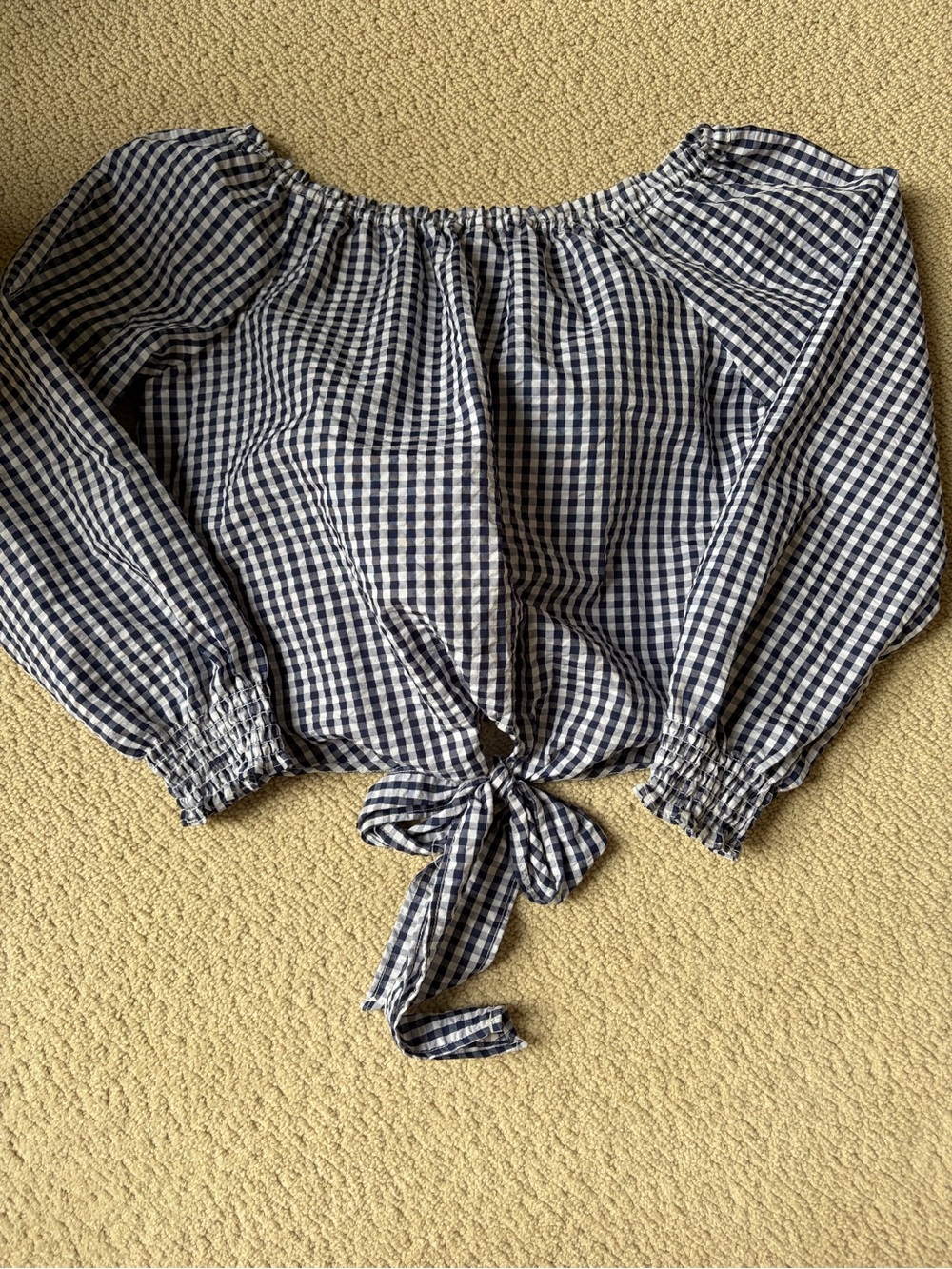 Sanctuary Navy and White Gingham Off-Shoulder Tie-Front Blouse